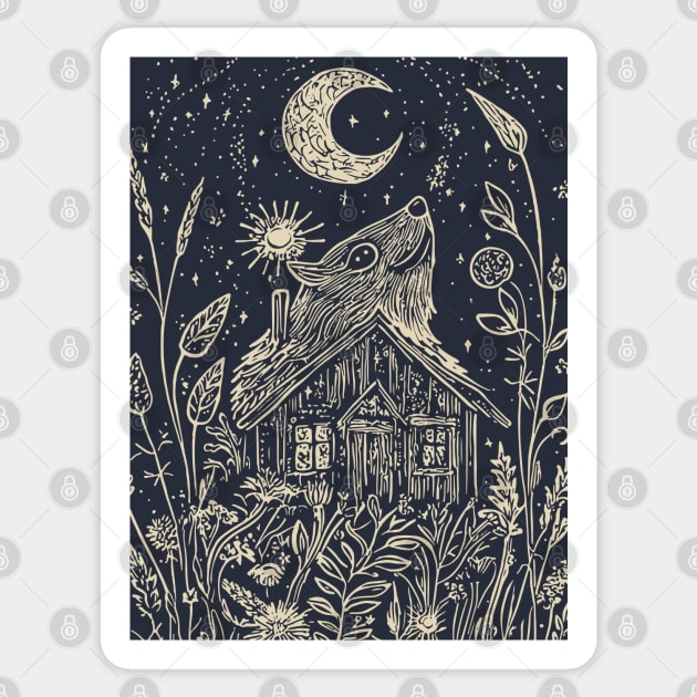 Mystical Cabin in the Forest – A Celestial Refuge Under the Moon Sticker by TuncGK